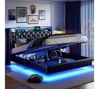 Lit flottant 160 x 200, lit 2 Places avec LED Réglable et USB, Lit double rembourré avec sommier à lattes et Espaces de rangement hydrauliques, Cadre de lit pour adulte adolescent, PU (160x200)