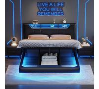 Lit flottant 160x200 cm, Lit Double rembourré avec Rangement et LED, port USB, Lits Coffre hydraulique, Lits plateforme, Avec Sommier à lattes en Bois, Structure Métallique, PU (160x200 cm/Noir)