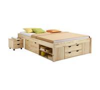 Lit fonctionnel SABRINA lit double pour enfant ou adulte en pin massif naturel, avec 2 tables de chevet et 4 tiroirs de rangements
