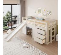 Lit fonctionnel pour enfants avec toboggan - 90/140 x 200 cm en pin massif, avec rangements, espace de divertissement, sommier à lattes, échelle et barrière de sécurité,140 * 200cm