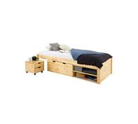 Lit fonctionnel SABRINA lit simple 90x190 cm pour enfant, 1 table de chevet sur roulettes, 1 grand tiroir et 2 étagère, pin naturel Naturel