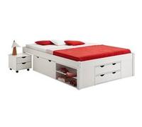 Lit fonctionnel SABRINA lit double pour enfant ou adulte en pin massif blanc, avec 2 tables de chevet et 4 tiroirs de rangements