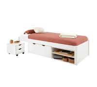 Lit fonctionnel SABRINA lit simple 90x190 cm pour enfant, 1 table de chevet sur roulettes, 1 grand tiroir et 2 étagère, en pin