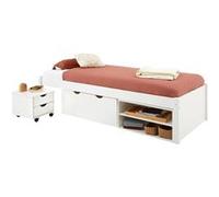 Lit fonctionnel SABRINA lit simple pour enfant, avec 1 table de chevet sur roulettes, 1 grand tiroir et 2 étagères, pin blanc Blanc