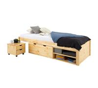 Lit Fonctionnel Sabrina lit Simple pour Enfant ou Adulte, avec 1 Table de Chevet sur roulettes, 1 Grand tiroir et 2 étagères, en pin Massif Naturel