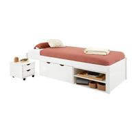 Lit fonctionnel SABRINA lit simple pour enfant, avec 1 table de chevet sur roulettes, 1 grand tiroir et 2 étagères, pin blanc Blanc