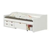 Lit fonctionnel SENTA avec rangements 4 tiroirs 1 caisson et 1 niche sur roulettes, couchage 90 x 200 cm, en pin massif lasuré