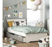 Lit Gerry est fabriqué en panneaux de particules en blanc mat et gris clair et a des bords en décor chêne Kronberg. Le lit