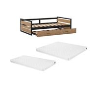 Lit gigogne 120 x 200 et 90 x 200 cm - MDF, Pin et métal - Naturel et anthracite + Matelas - BOSTON