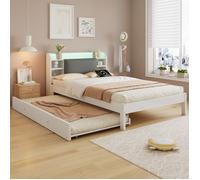 Lit gigogne 120x200 cm avec lit tiroir 90x190 cm réversible,LED,tête de lit rembourrée avec étagères et station de charge,bois blanc