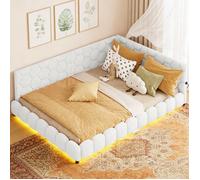 Lit gigogne 140x200 avec LED - USB/Type-C - Tissu laine d’agneau - Canapé-lit 2 places - Scandinave Moderne - Adulte/Enfant- Blanc