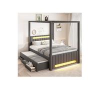 Lit Gigogne 140x200 cm - à Baldaquin et LED Multicolore - lit 2 places - 3 Tiroirs de Rangement Spacieux, Rembourré en Lin Gris Chic