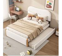 Lit gigogne 140x200cm lit plat, lit capitonné (matelas non inclus) avec sommier à lattes et tête de lit, design minimaliste, blanc