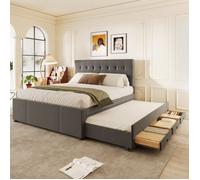Lit gigogne 140x200cm, Tête de lit réglable - 3 places - Gris - Sommier inclus