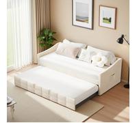 Lit gigogne 90/180x200cm, Canapé-lit extensible,avec sommier à lattes, Lit capitonné avec lit escamotable, Beige