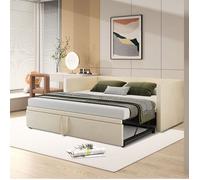 Lit gigogne 90/180x200cm, Canapé-lit extensible, Lit capitonné avec lit escamotable, avec sommier à lattes, beige