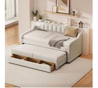 Lit gigogne 90 cm x 200 cm, canapé dépliant rembourré, canapé convertible avec tiroirs, lin - beige