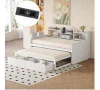 Lit gigogne 90 x 200 cm Lit simple avec 2 tiroirs 3 compartiments de rangement 3 tablettes de rangement et prise USB - blanc