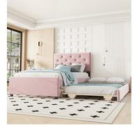 Lit gigogne 90x190(200) cm - Velours rose - Sommier à lattes - 2 places