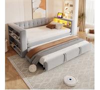 Lit Gigogne 90x190 cm Ado/Enfant - Lit Simple avec Rangement Intégré et Bureau Escamotable, LED - Sans Matelas, Gris Clair