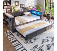 Lit Gigogne 90x190 cm avec Bureau Escamotable et LED,Lit Simple Fonctionnel avec Rangement Intégré,Gris Foncé,Sans Matelas