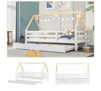 Lit gigogne 90x200/90x190 cm avec roulettes en dessous,lit enfant cabane simple/double avec sommier à lattes en bois massif,blanc