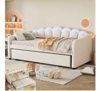 Lit gigogne 90x200-90x190 cm - Canapé-lit lit simple avec lumière LED et sommier - style minimaliste - tissu velours - beige