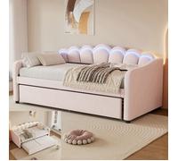 Lit gigogne 90x200-90x190 cm - Canapé-lit lit simple avec lumière LED et sommier - style minimaliste - tissu velours - rose