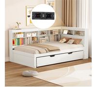 Lit Gigogne 90X200 cm avec Prise USB et Multiples Rangements, Lit en Bois Massif, Lit Simple, Lit Multifonction en Bois, Blanc