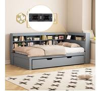 Lit Gigogne 90X200 cm avec Prise USB et Multiples Rangements, Lit en Bois Massif, Lit Simple, Lit Multifonction en Bois, Gris