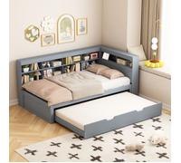 Lit Gigogne 90X200 cm avec Prise USB et Multiples Rangements, Lit en Bois Massif, Lit Simple, Lit Multifonction en Bois, Gris