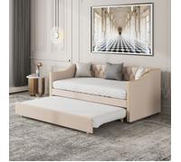 Lit gigogne 90x200 cm, Canapé-lit extensible avec sommiers à lattes,style scandinave, Tissu Lin doux, rivets, beige