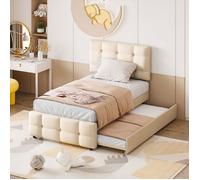 Lit gigogne 90x200 cm en tissu lin beige avec lit tiroir 90x190 cm, tête réglable, style classique