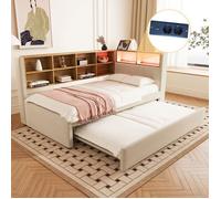 Lit Gigogne 90x200 cm enfant,Adolescent,Lit 90x190 cm avec Rangements et Port USB,Lit Multifonction avec Éclairage LED,Tissu Beige
