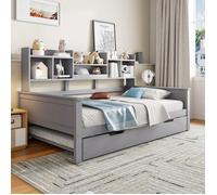 Lit gigogne 90x200 cm EVRYAE - avec lit gigogne 90x190 cm et rangements dans le dossier, lattes incluses - Bois gris