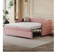 Lit Gigogne 90x200 cm, Tissu Lin Rose, Canapé Classique avec Port USB, Lit d'Appoint avec Boutons Décoratifs , Sans Matelas