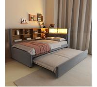 Lit gigogne 90x200cm multifonction LED prises plusieurs rangements flanelle Gris foncé