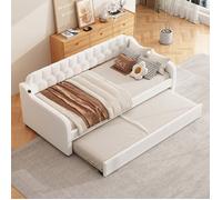 Lit gigogne adulte 90 x 200cm Canapé lit extensible Lit rembourré lin avec Port USB et Sommier à Lattes - Beige