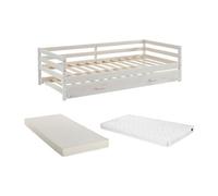 Lit gigogne AEDAN II - 2 x 90 x 190 cm - Pin massif et MDF - Blanchi + matelas