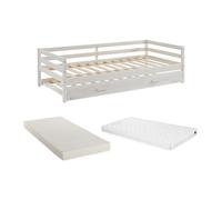 Lit gigogne AEDAN II - 2 x 90 x 190 cm - Pin massif et MDF - Blanchi + matelas