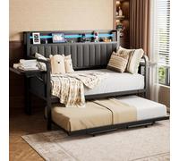 Lit gigogne avec lumière LED et Cadre de lit jumeau en métal Robuste avec tête de lit de Rangement rembourrée et Station de Charge, lit gigogne pour Salon, Chambre à Coucher et Chambre d'amis, Noir