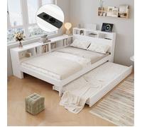 Lit gigogne avec rangements - Memkey - 120 x 200 + 90 x 190 cm - Bois blanc - Étagère réversible, tête de lit avec prises