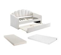 Lit gigogne coquillage 2 x 90 x 190 cm - Velours - Blanc + Matelas - ELUSIA