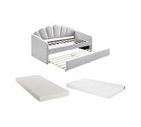 Lit gigogne coquillage 2 x 90 x 190 cm - Velours - Gris clair + Matelas - ELUSIA