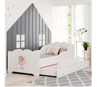 Lit gigogne double pour enfants ANNA II 160x80 avec 2 matelas, 2 sommiers, 1 barrière de sécurité avec motif fille aux petites