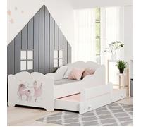 Lit Gigogne Double pour Enfants ANNA II 160x80 avec 2 matelas, 2 sommiers, 1 barrière de sécurité, avec un motif fille et licorne