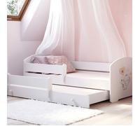 Lit gigogne double pour enfants LUK II 160 x 80 avec 2 matelas, 2 sommiers, blanc avec motif éléphant