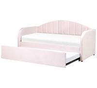 Lit Gigogne en Velours Rose Pastel 90 x 200 cm Rebord Rayé Bois d'Eucalyptu