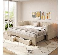 Lit gigogne extensible - GENERIQUE - 90/180x200 chenille beige - Ports USB/Type-C - 2 tiroirs - Sommier à lattes