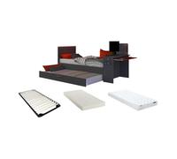 Lit gigogne gamer 90 x 200 et 90 x 190 cm - Avec bureau - LEDs - Anthracite et rouge + Matelas + Sommier - VOUANI